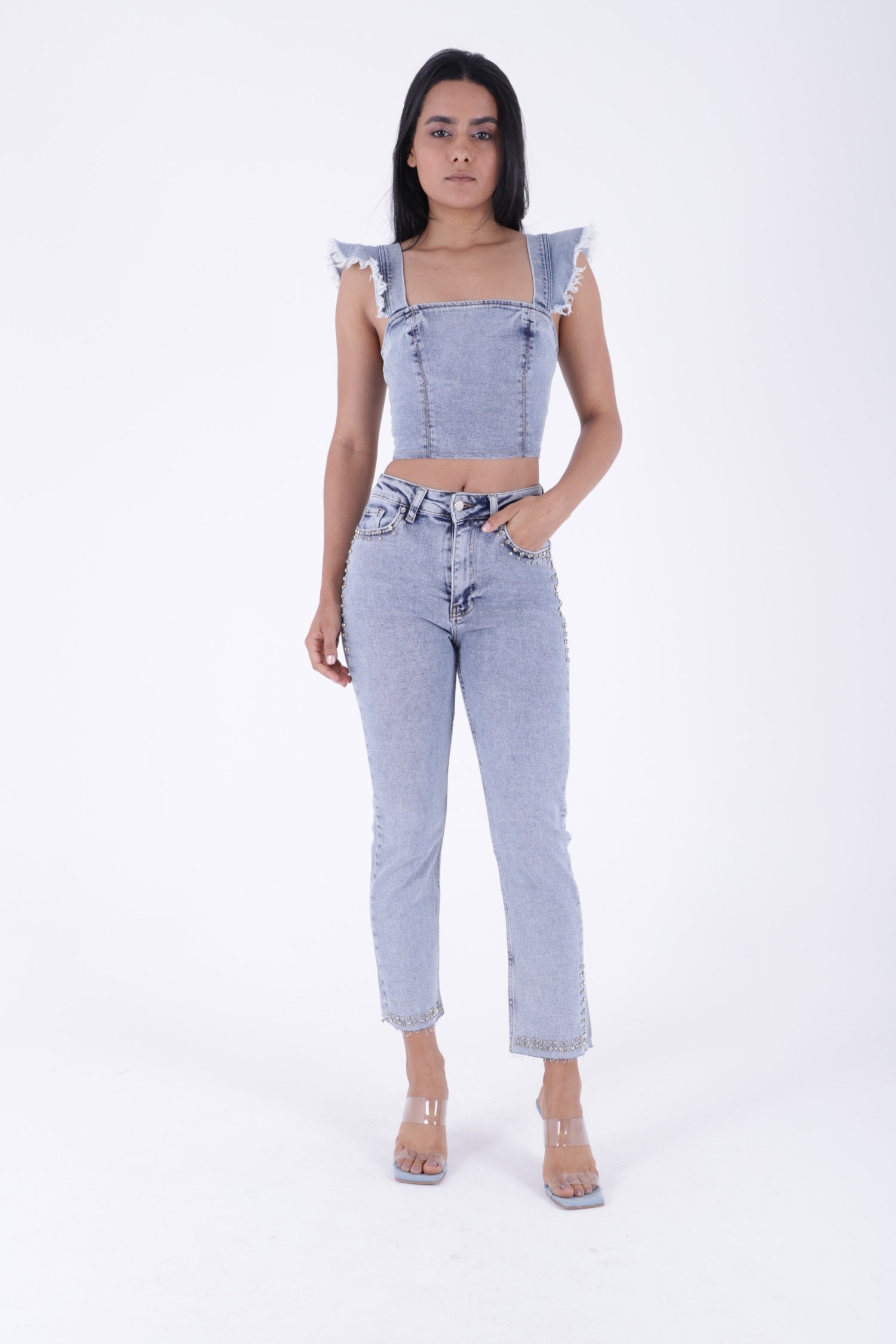 Taşlı Mom Fit Kot Pantolon - Kar Yıkama Açık Mavi - (28-33) - 2