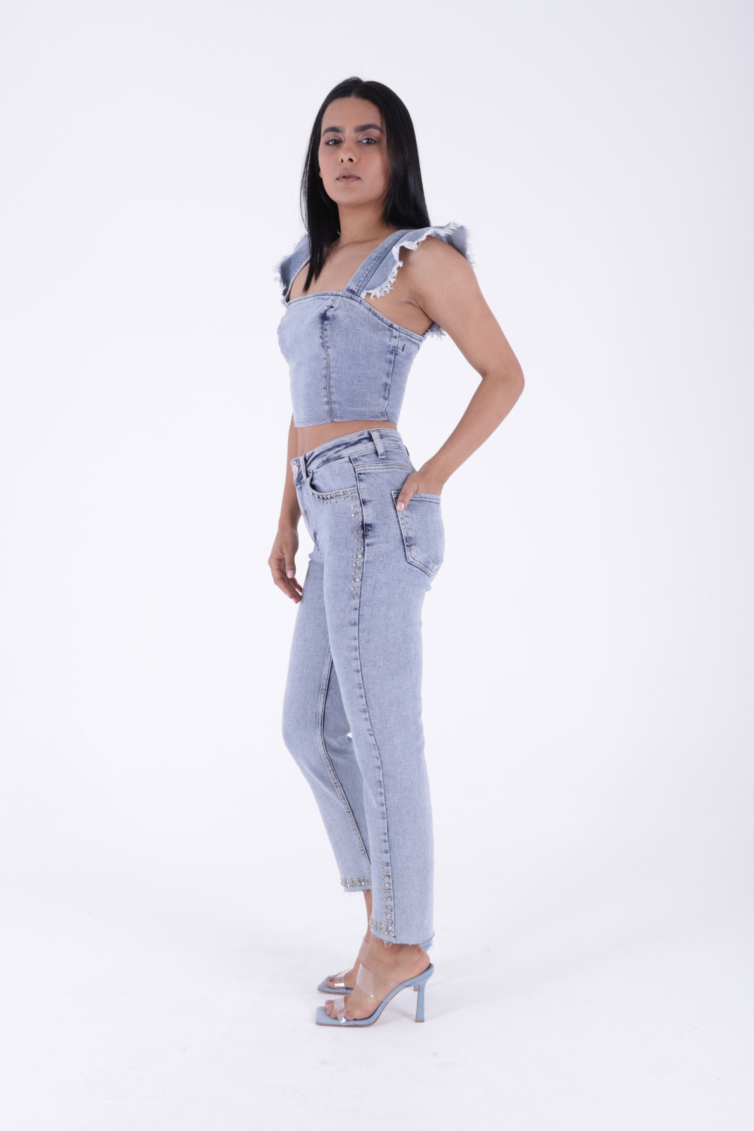 Taşlı Mom Fit Kot Pantolon - Kar Yıkama Açık Mavi - (28-33) - 5
