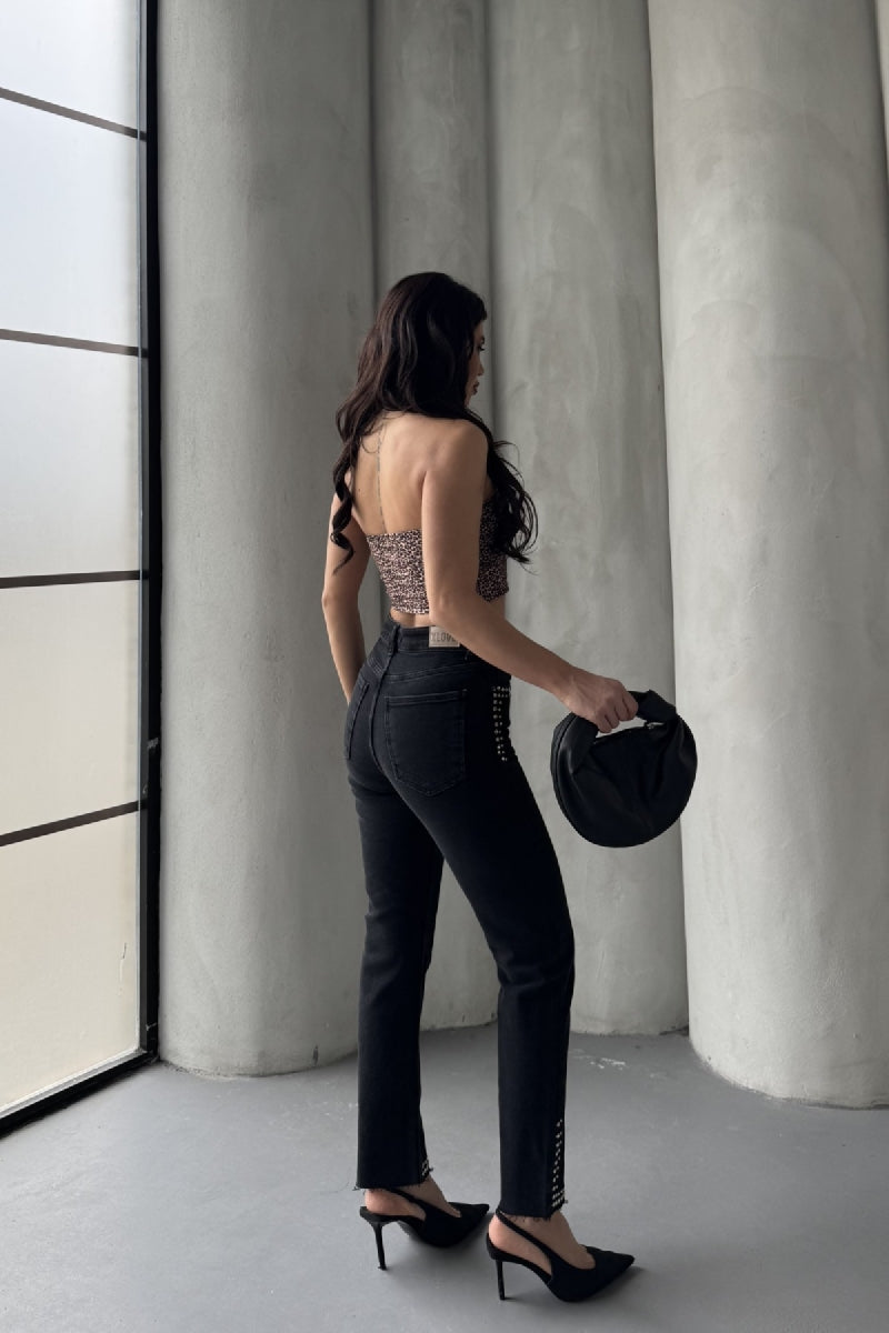 Taşlı Mom Fit Kot Pantolon - Düz Antrasit - (28-33) - 2