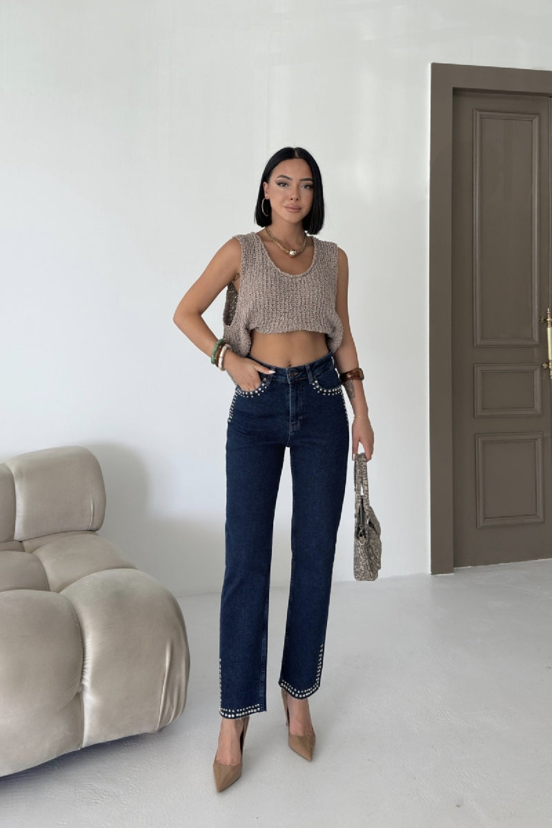 Taşlı Mom Fit Kot Pantolon - Düz Koyu Rins - (28-33) - 3