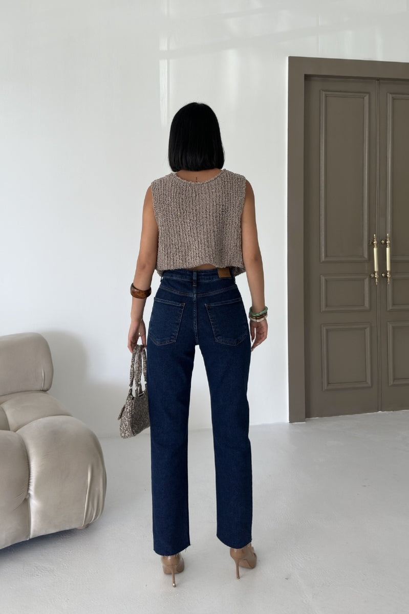 Taşlı Mom Fit Kot Pantolon - Düz Koyu Rins - (28-33) - 4