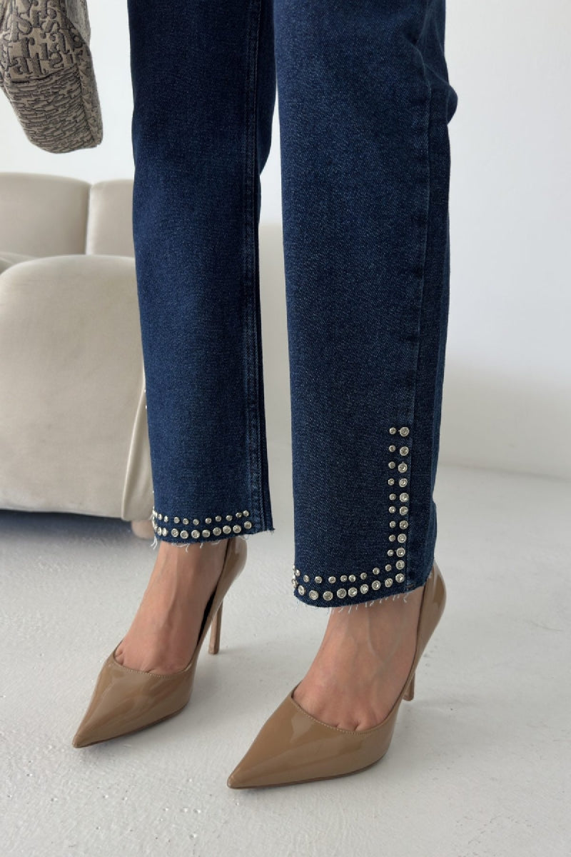 Taşlı Mom Fit Kot Pantolon - Düz Koyu Rins - (28-33) - 6