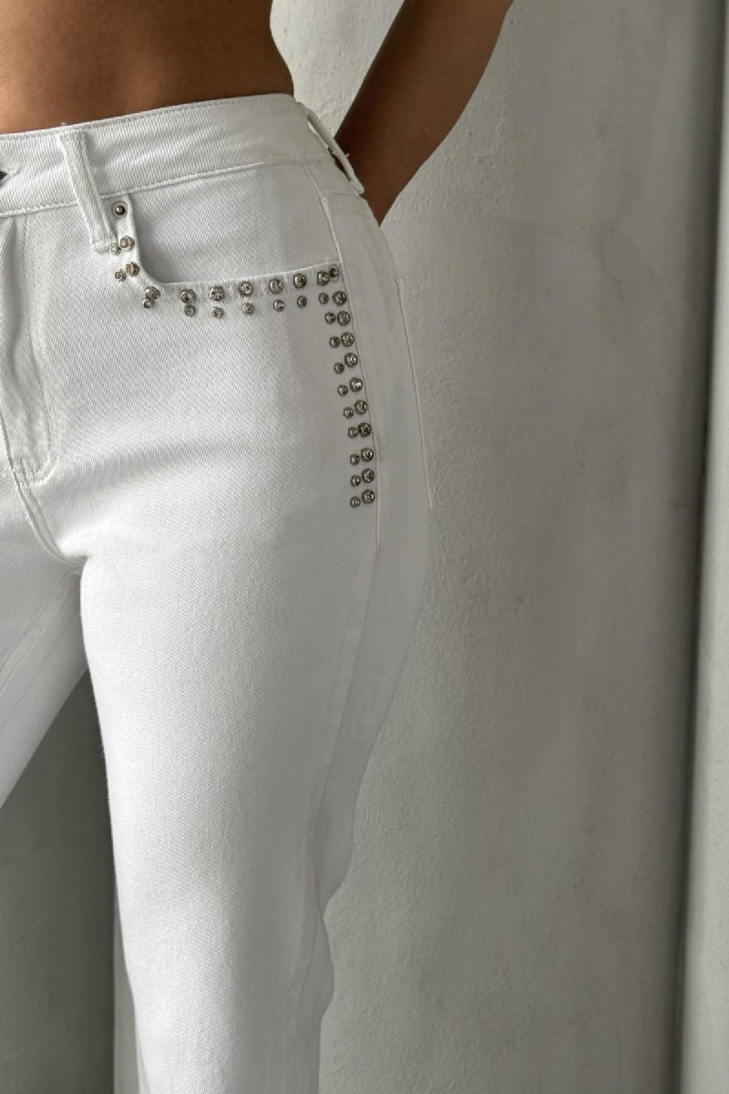 Taşlı Mom Fit Kot Pantolon - Beyaz - (26-31) - 6