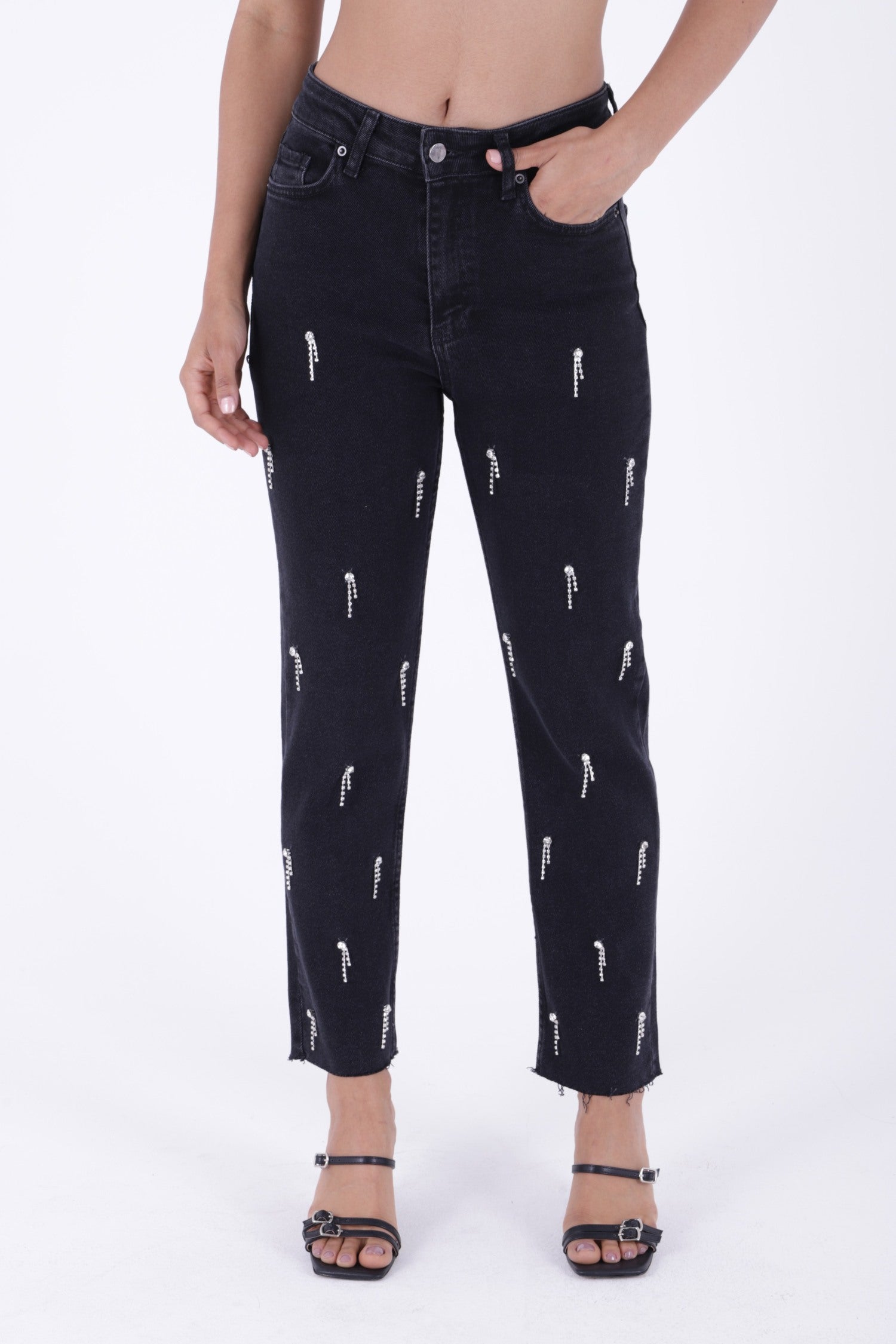 Damla Taşlı Mom Fit Kot Pantolon - Düz Antrasit - (26-31) - 3