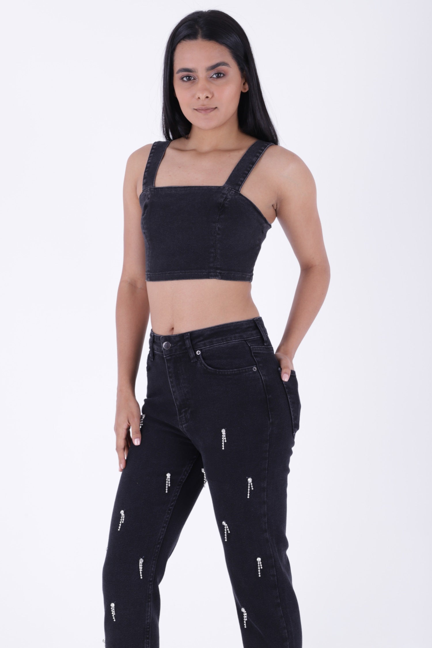 Damla Taşlı Mom Fit Kot Pantolon - Düz Antrasit - (26-31) - 5