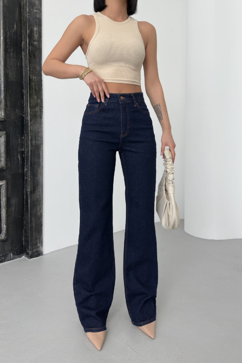 Yüksel Bel Straight Kot Pantolon - Slaplı Lacivert - (26-31) - 5