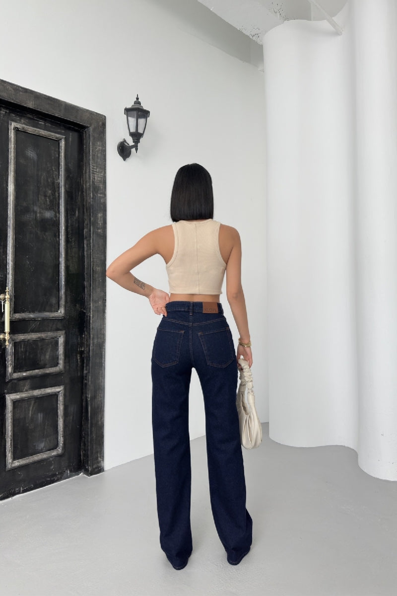 Yüksel Bel Straight Kot Pantolon - Slaplı Lacivert - (28-33) - 3