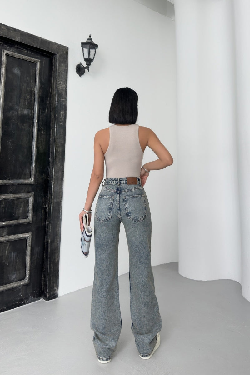 Yüksel Bel Straight Kot Pantolon - Orta Mavi ve Tintli - (26-31) - 3