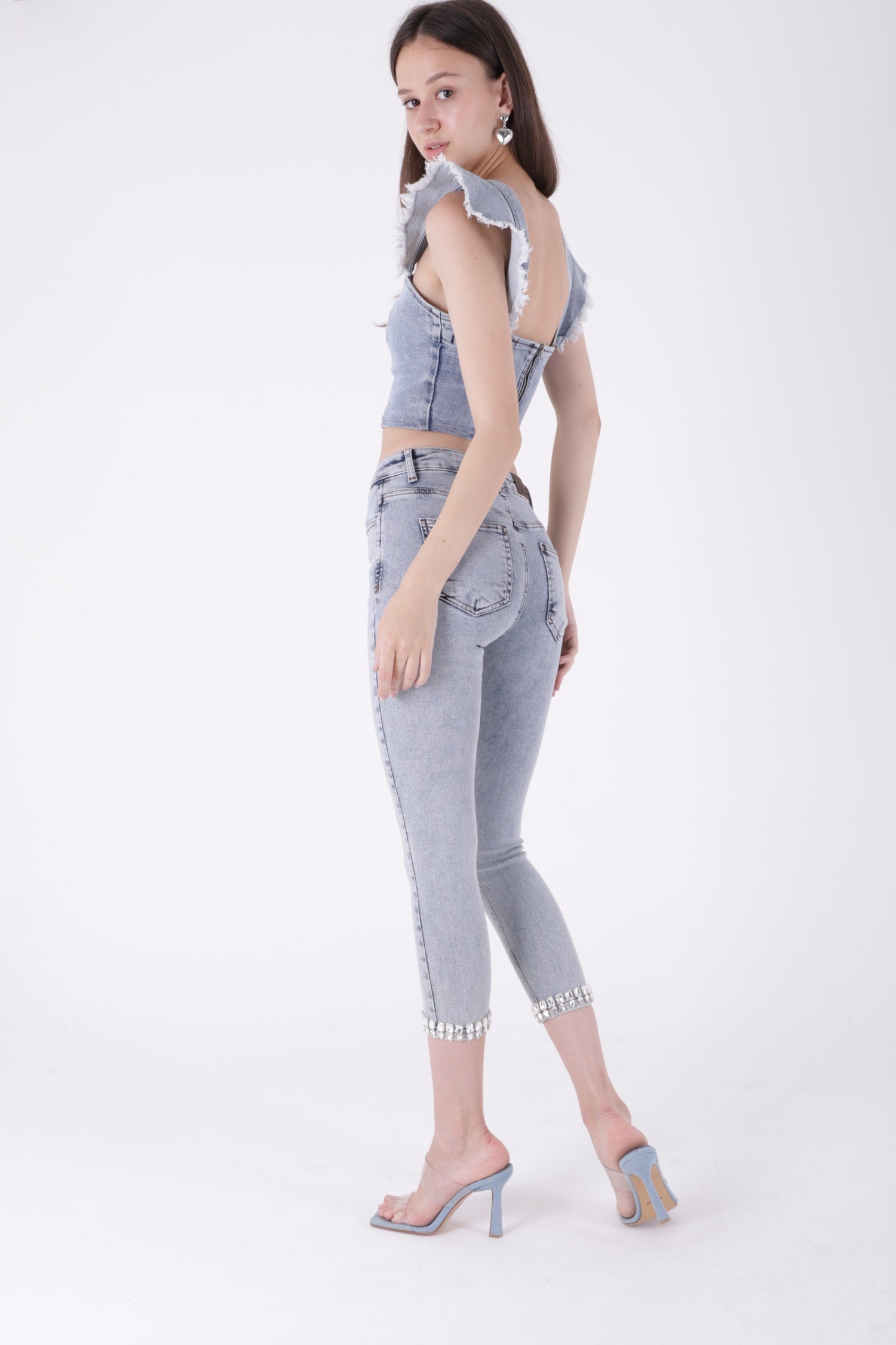 Paçası Taşlı Skinny Kot Pantolon - Kar Yıkama Açık Mavi - (28-33) - 3