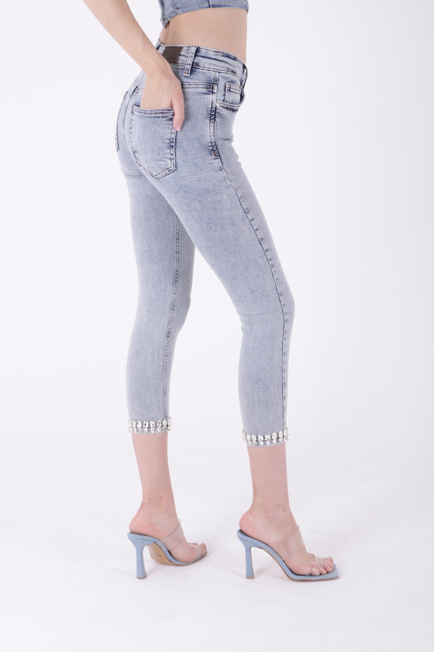Paçası Taşlı Skinny Kot Pantolon - Kar Yıkama Açık Mavi - (28-33) - 4