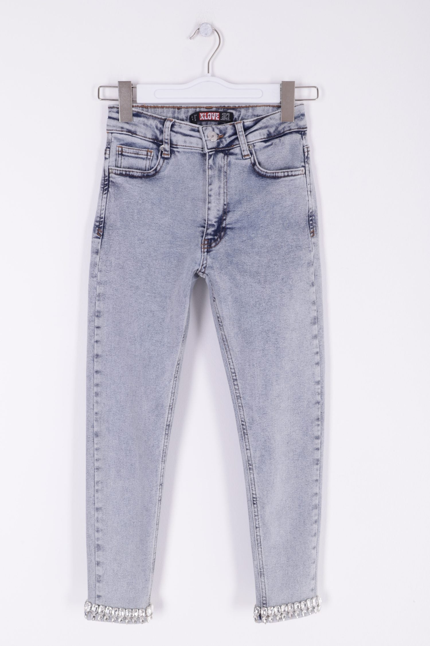Paçası Taşlı Skinny Kot Pantolon - Kar Yıkama Açık Mavi - (28-33) - 6