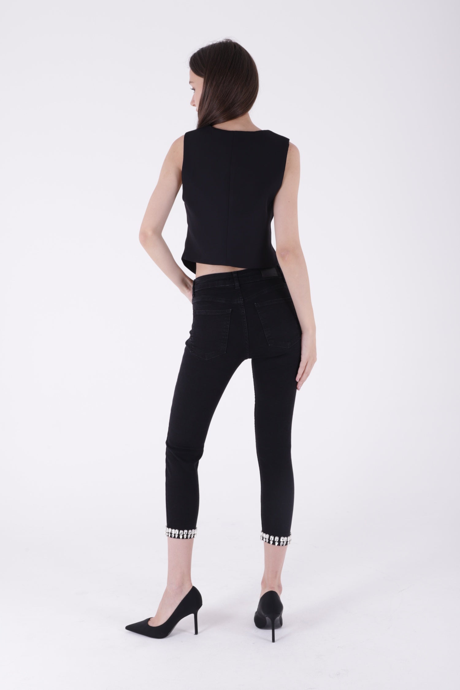 Paçası Taşlı Skinny Kot Pantolon - Düz Antrasit - (26-31) - 3