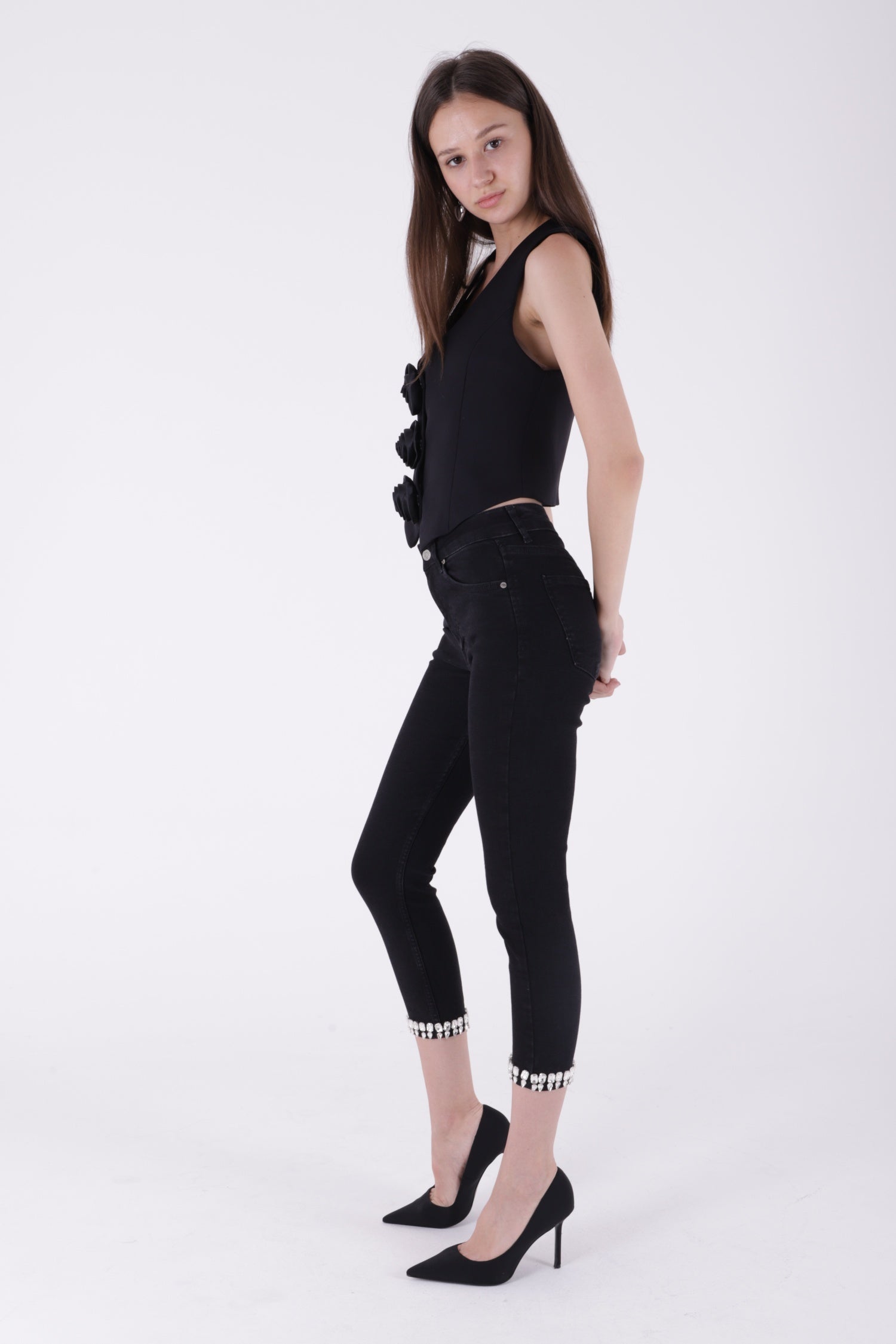Paçası Taşlı Skinny Kot Pantolon - Düz Antrasit - (26-31) - 4