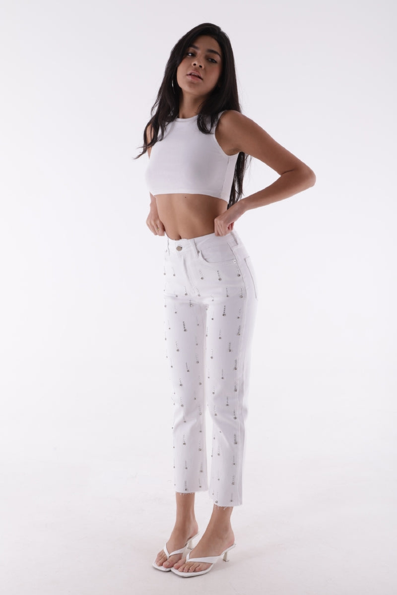 Tek Taraflı Droplı Mom Fit Kot Pantolon - Beyaz - (26-31) - 4