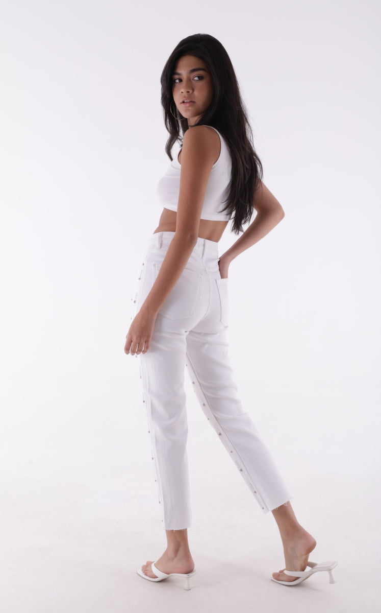 Tek Taraflı Droplı Mom Fit Kot Pantolon - Beyaz - (28-33) - 3