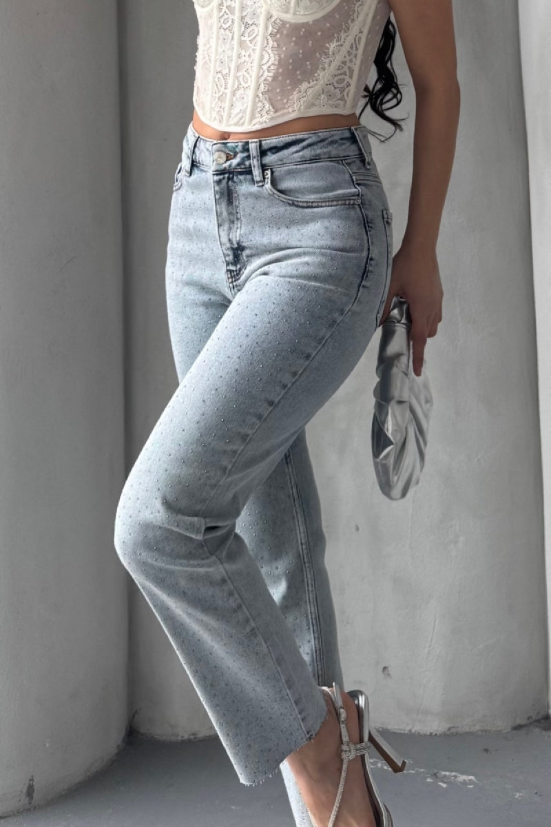Serpme Yıldızlı Mom Fit Kot Pantolon - Kar Yıkama Açık Mavi - (26-31) - 2