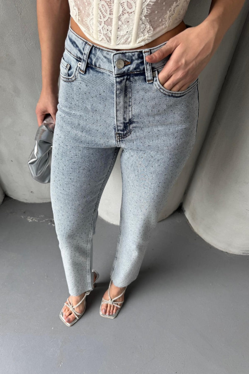 Serpme Yıldızlı Mom Fit Kot Pantolon - Kar Yıkama Açık Mavi - (26-31) - 5