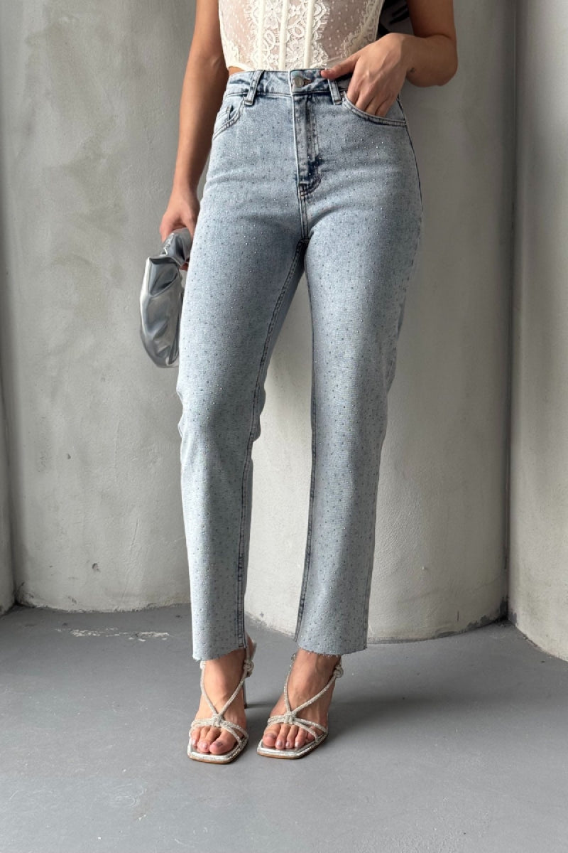 Serpme Yıldızlı Mom Fit Kot Pantolon Kar Yıkama Açık Mavi