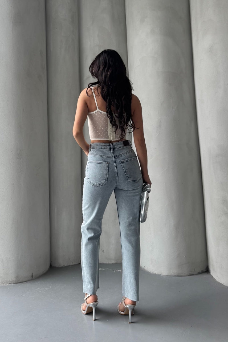 Serpme Yıldızlı Mom Fit Kot Pantolon - Kar Yıkama Açık Mavi - (28-33) - 3