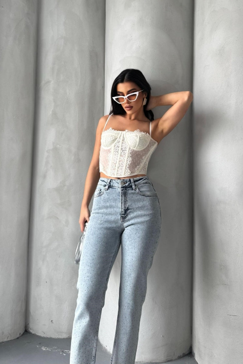 Serpme Yıldızlı Mom Fit Kot Pantolon - Kar Yıkama Açık Mavi - (28-33) - 4
