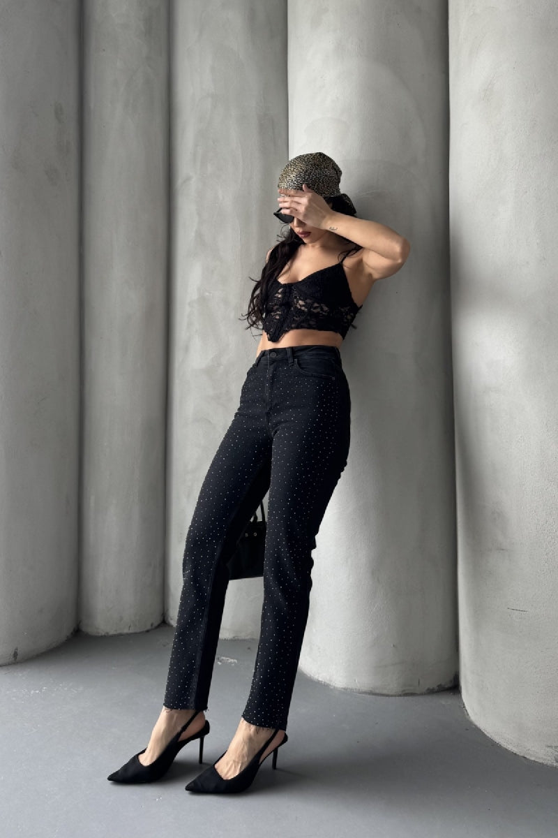 Serpme Yıldızlı Mom Fit Kot Pantolon - Düz Antrasit - (26-29) - 3