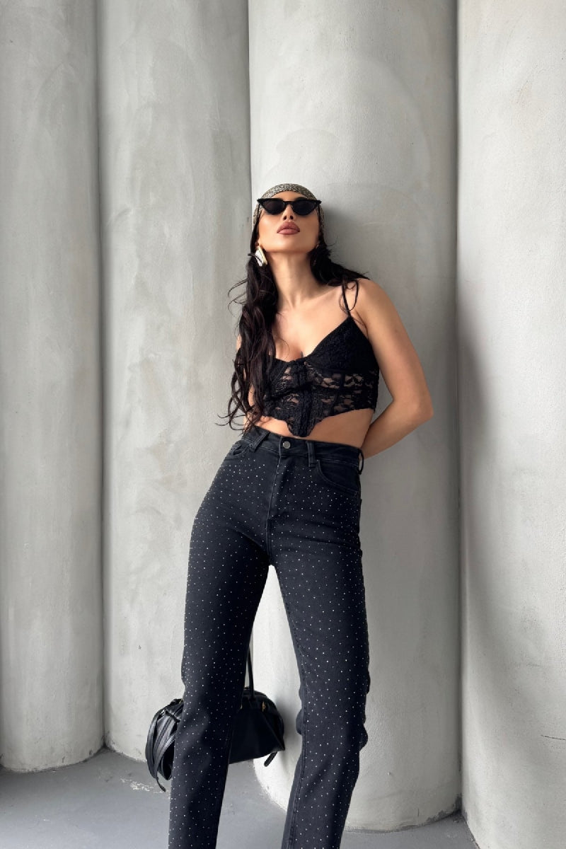 Serpme Yıldızlı Mom Fit Kot Pantolon - Düz Antrasit - (26-29) - 6