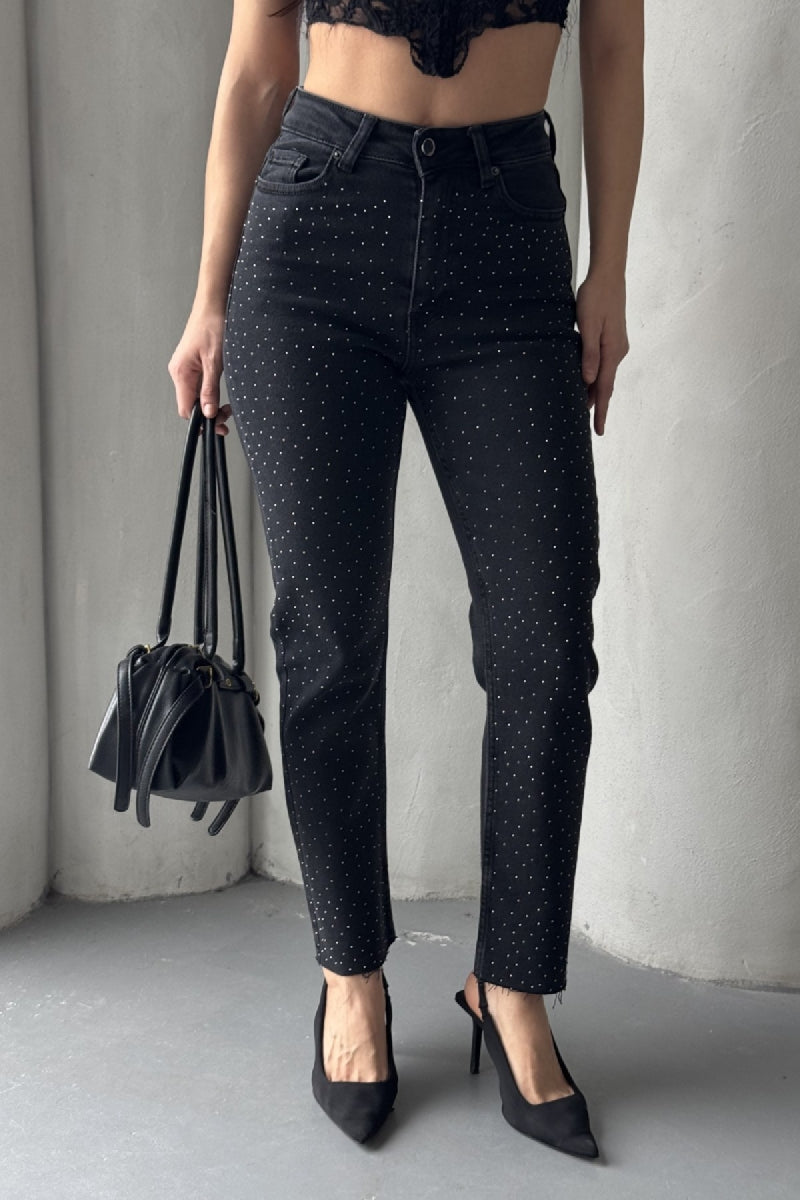 Serpme Yıldızlı Mom Fit Kot Pantolon Düz Antrasit