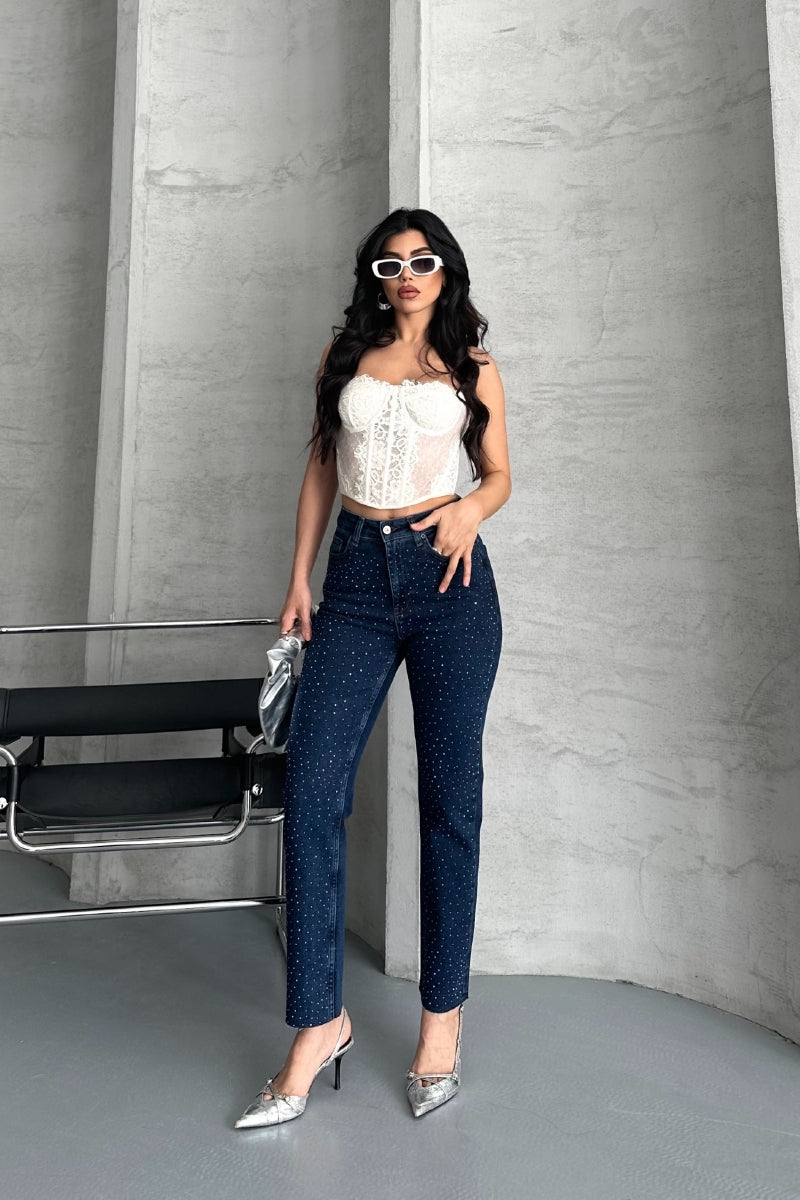 Serpme Yıldızlı Mom Fit Kot Pantolon - Düz Koyu Rins - (26-31) - 4