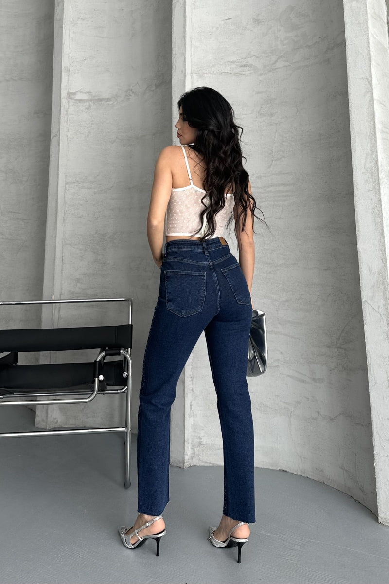 Serpme Yıldızlı Mom Fit Kot Pantolon - Düz Koyu Rins - (28-33) - 3