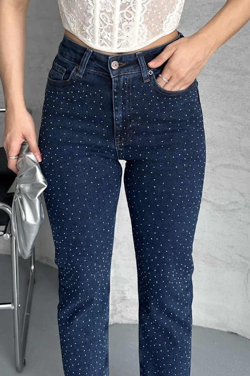 Serpme Yıldızlı Mom Fit Kot Pantolon - Düz Koyu Rins - (28-33) - 5
