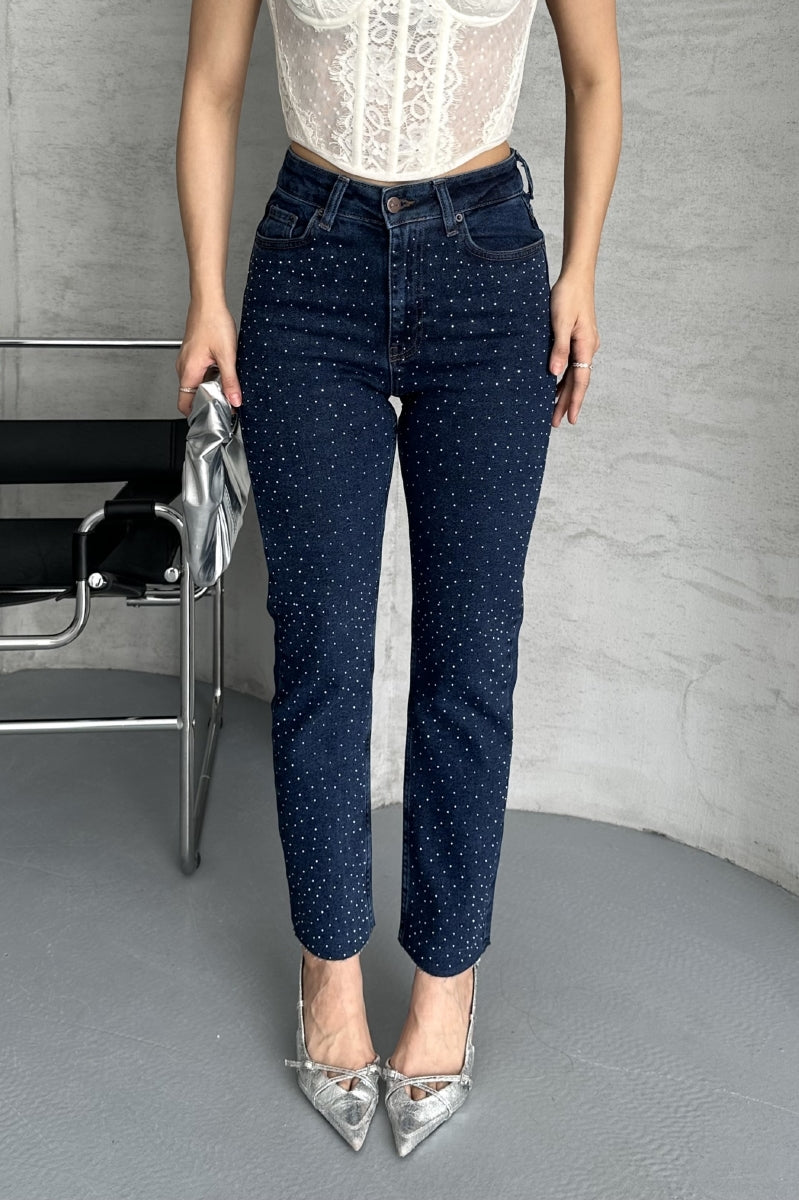 Serpme Yıldızlı Mom Fit Kot Pantolon - Düz Koyu Rins - (28-33) - 6