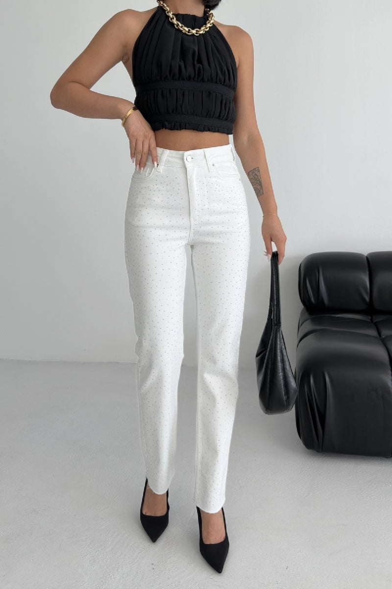 Serpme Yıldızlı Mom Fit Kot Pantolon - Beyaz - (28-33) - 2