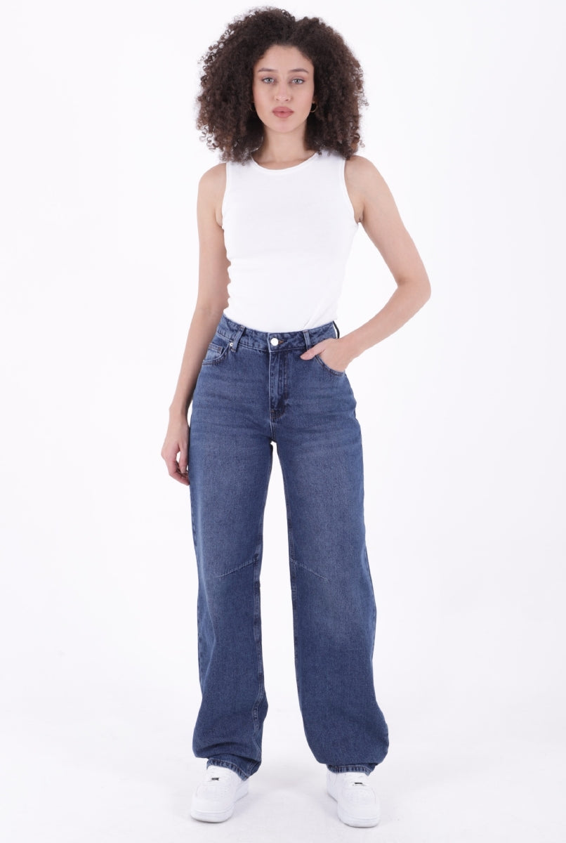 Dizi Pensli Baggy Kot Pantolon Koyu Mavi Kot