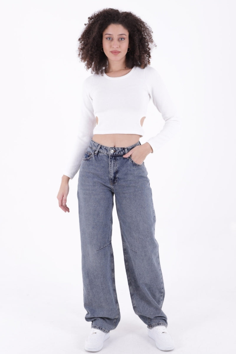 Dizi Pensli Baggy Kot Pantolon Orta Mavi ve Tintli