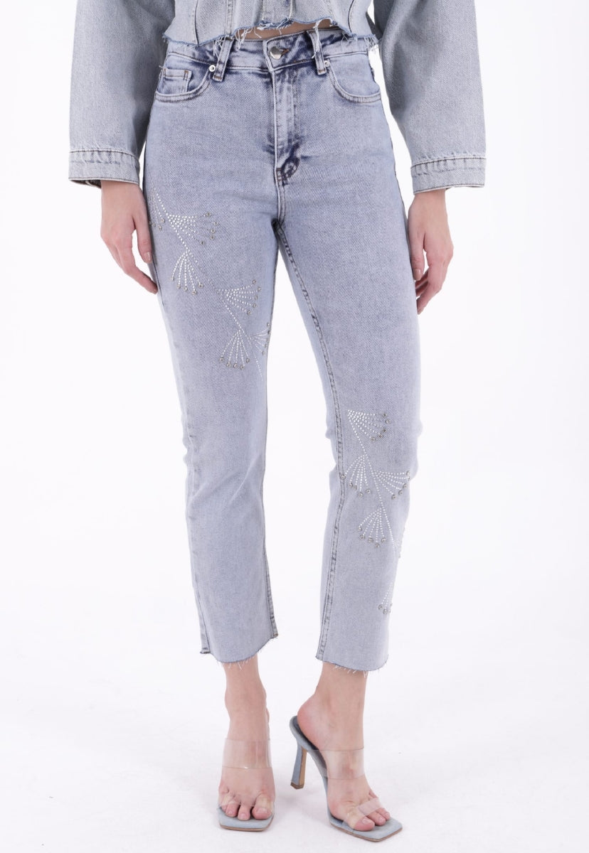 Çapraz Taşlı Mom Fit Kot Pantolon - Kar Yıkama Açık Mavi - (26-31) - 2