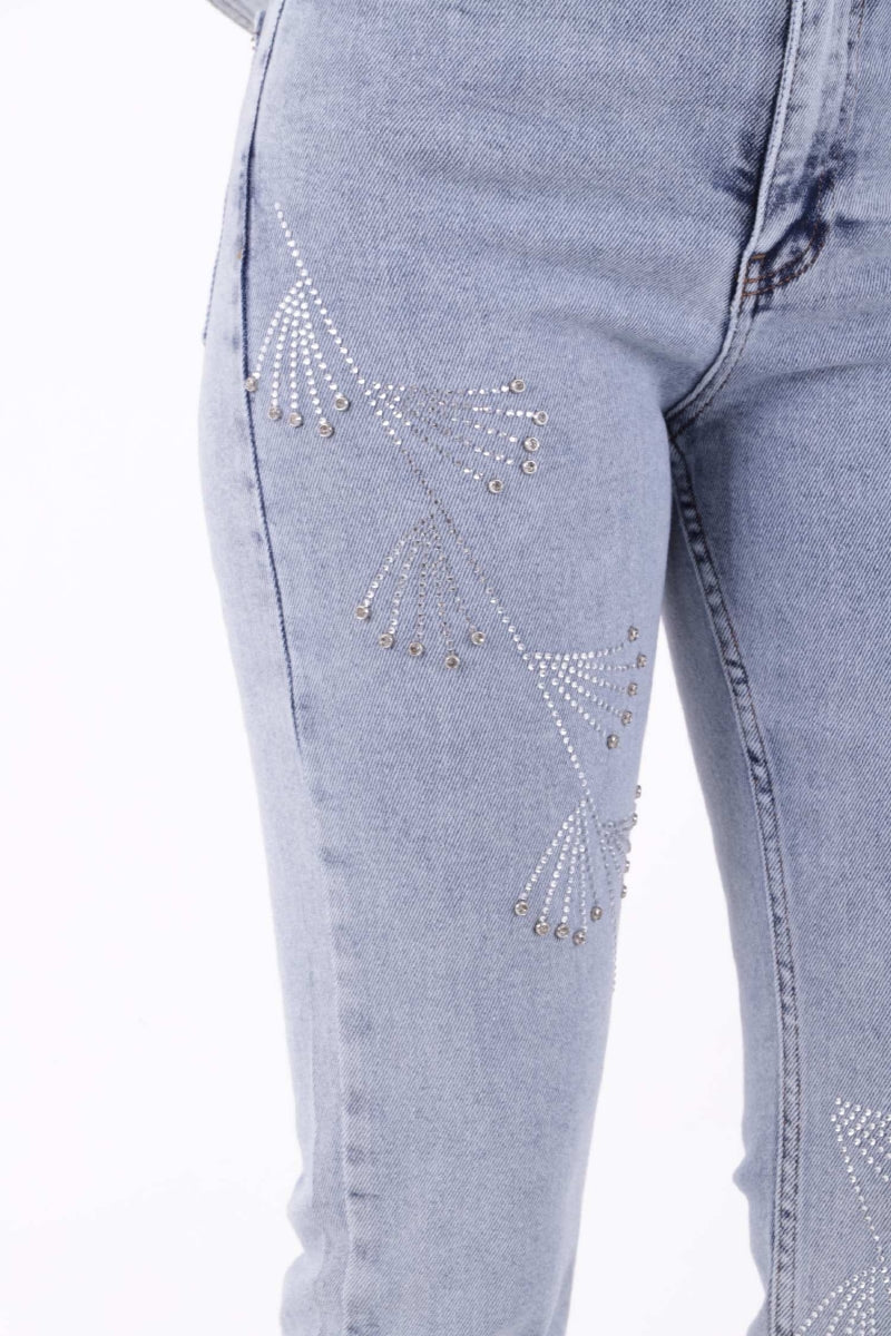Çapraz Taşlı Mom Fit Kot Pantolon - Kar Yıkama Açık Mavi - (26-31) - 5