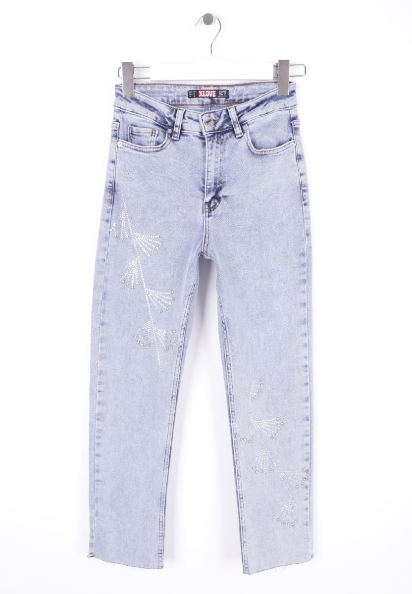 Çapraz Taşlı Mom Fit Kot Pantolon - Kar Yıkama Açık Mavi - (26-31) - 6