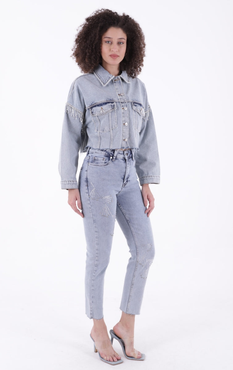 Çapraz Taşlı Mom Fit Kot Pantolon - Kar Yıkama Açık Mavi - (28-33) - 4