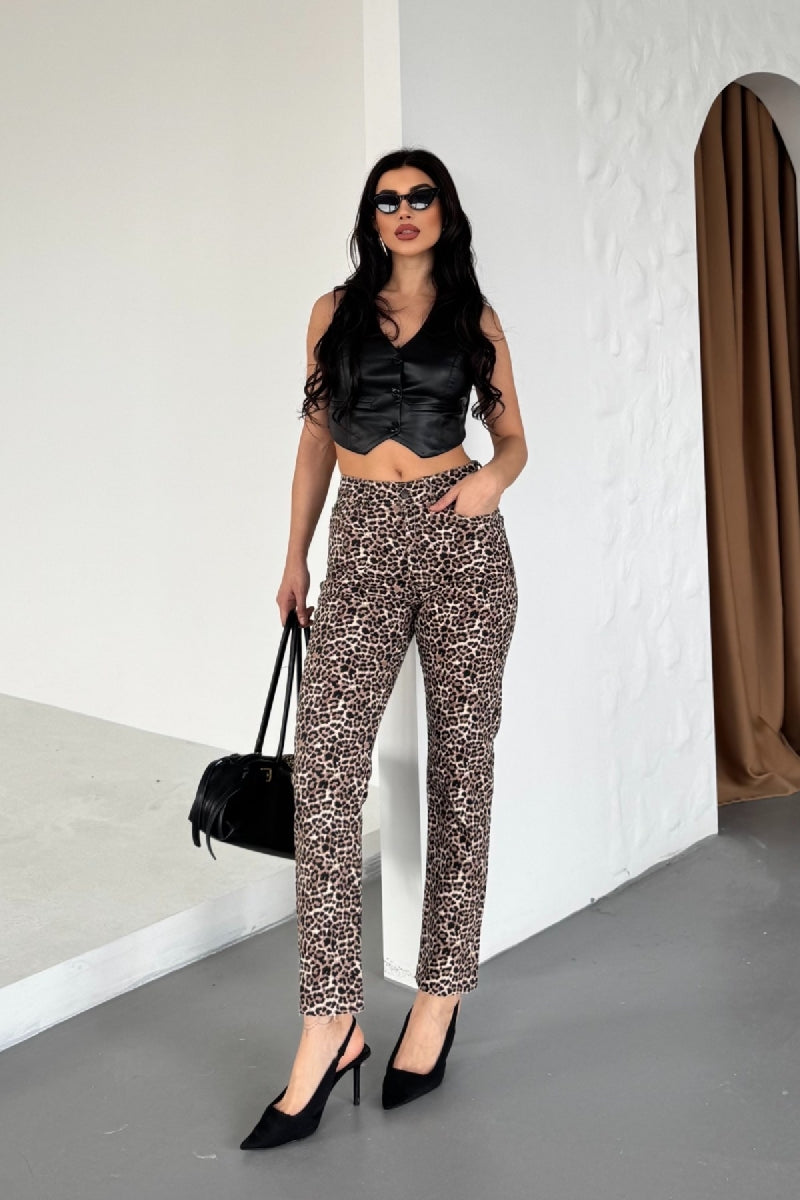 Mom Fit Kot Pantolon - Leopar Baskı - (28-33) - 2
