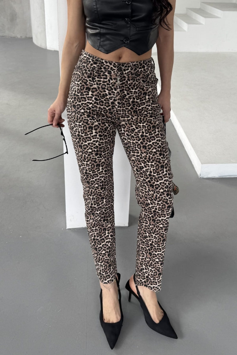 Mom Fit Kot Pantolon Leopar Baskı