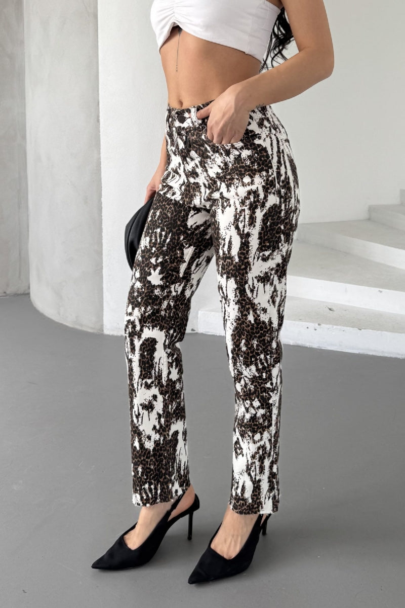 Mom Fit Kot Pantolon Batik Leopar