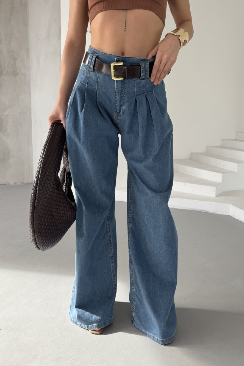 Pensli Bol Paça Kot Pantolon - Orta Mavi ve Tintli - (27-32) - 5