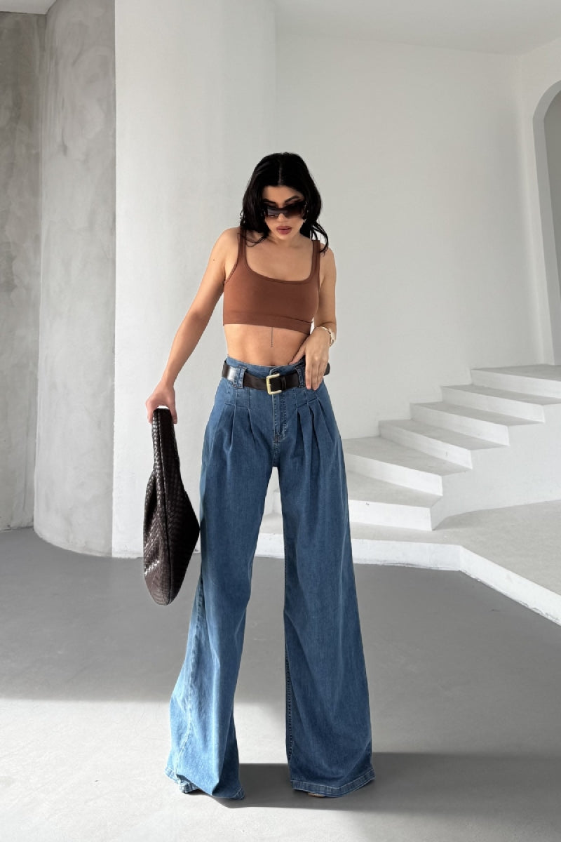 Pensli Bol Paça Kot Pantolon - Orta Mavi ve Tintli - (27-32) - 6