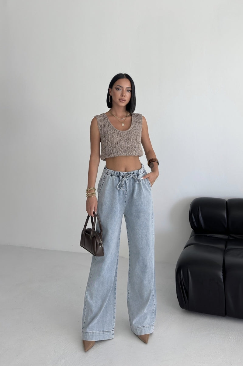 Beli Lastikli Palazzo Pantolon - Kar Yıkama Açık Mavi - (S-XL) - 3