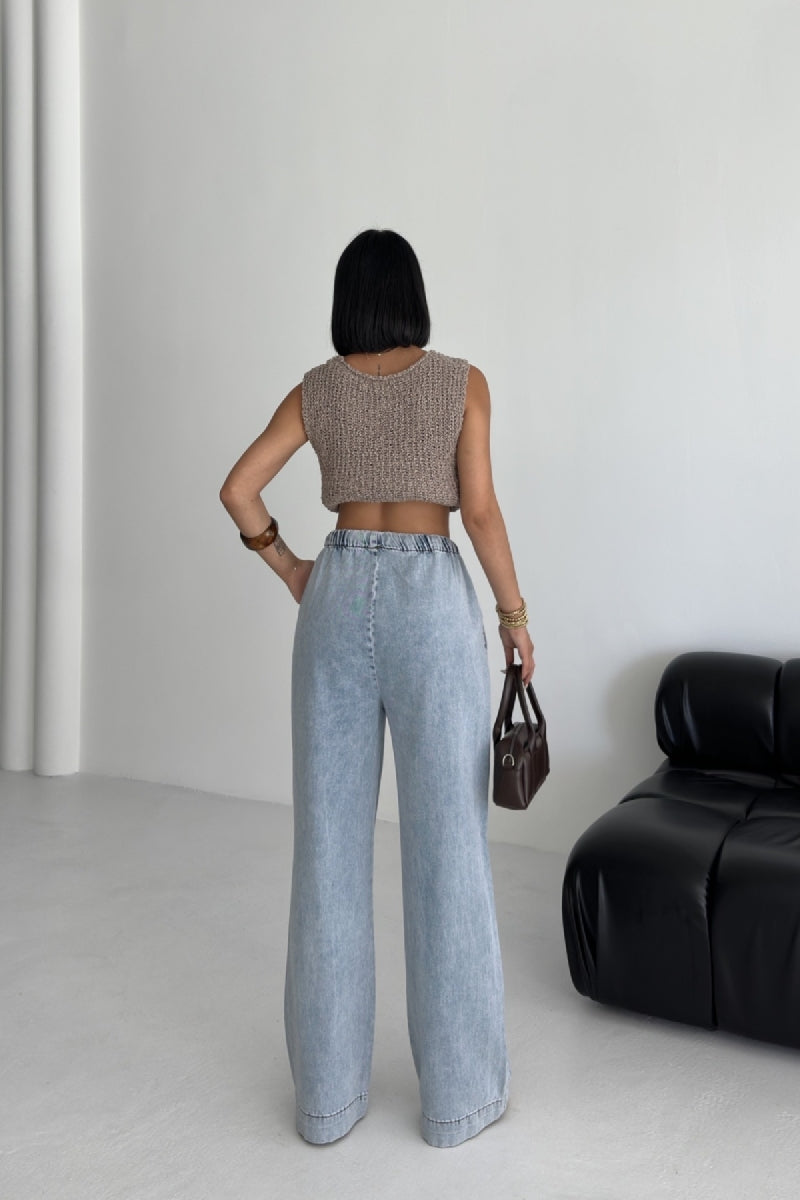 Beli Lastikli Palazzo Pantolon - Kar Yıkama Açık Mavi - (S-XL) - 4