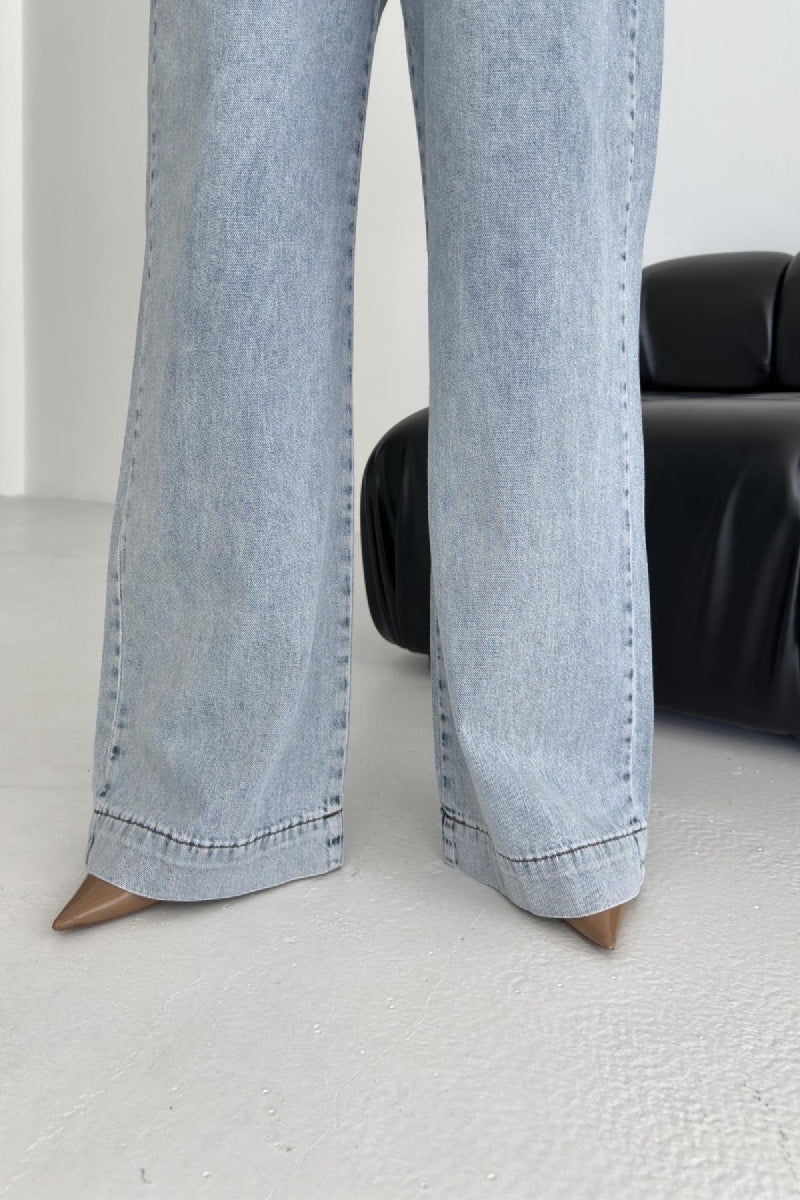 Beli Lastikli Palazzo Pantolon - Kar Yıkama Açık Mavi - (S-XL) - 6