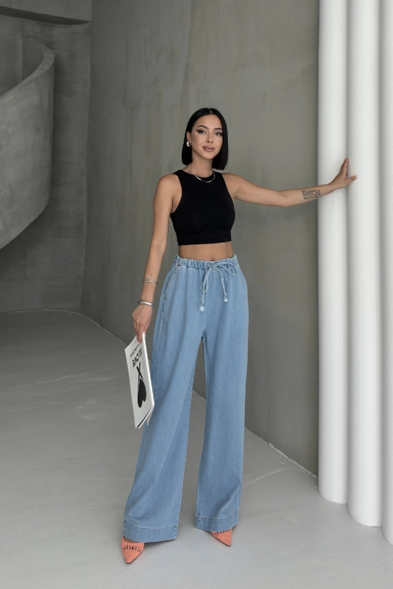 Beli Lastikli Palazzo Pantolon - Orta Mavi - (S-XL) - 3