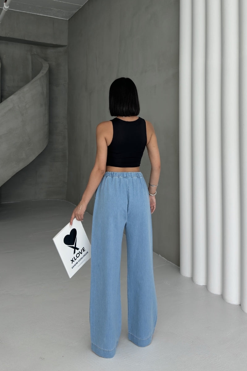 Beli Lastikli Palazzo Pantolon - Orta Mavi - (S-XL) - 4