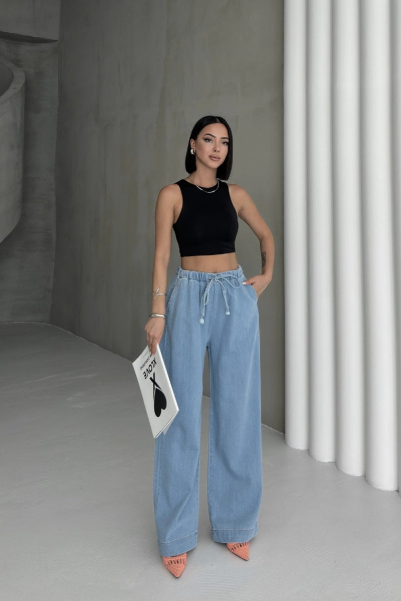 Beli Lastikli Palazzo Pantolon - Orta Mavi - (S-XL) - 6