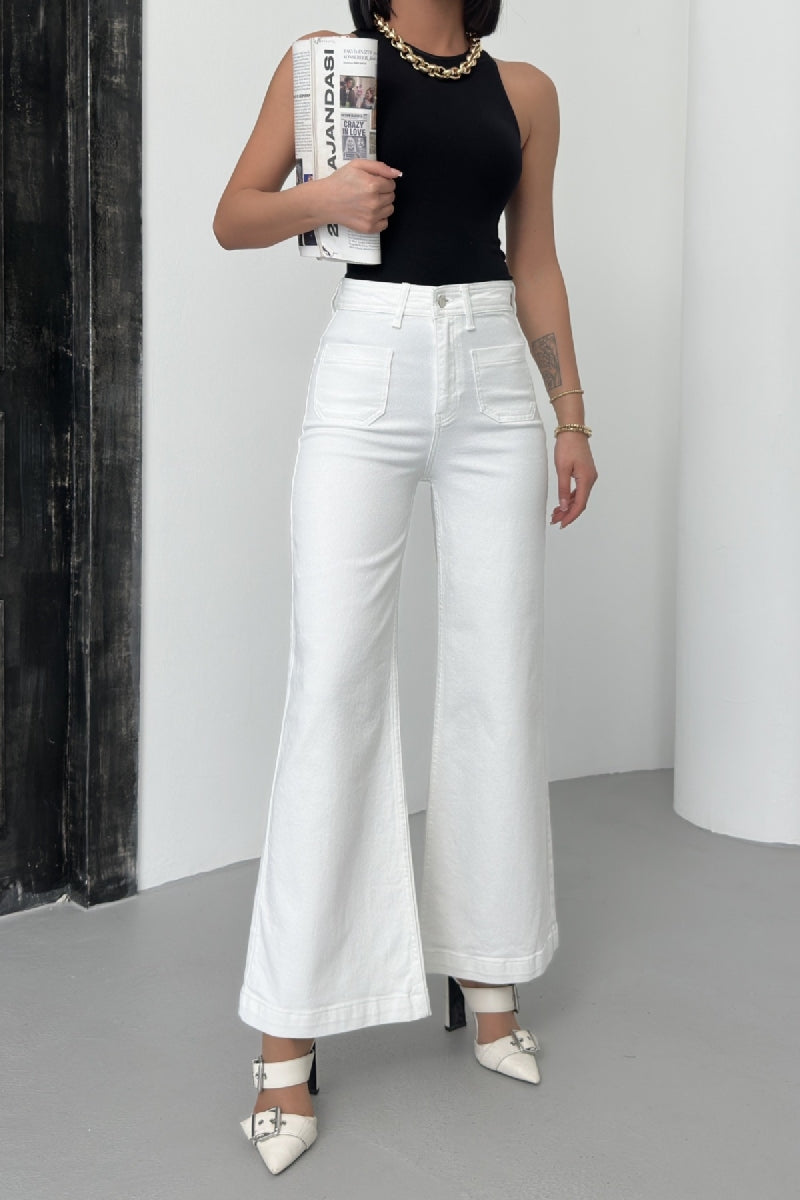 Ön Cep Detaylı Kot Pantolon Beyaz